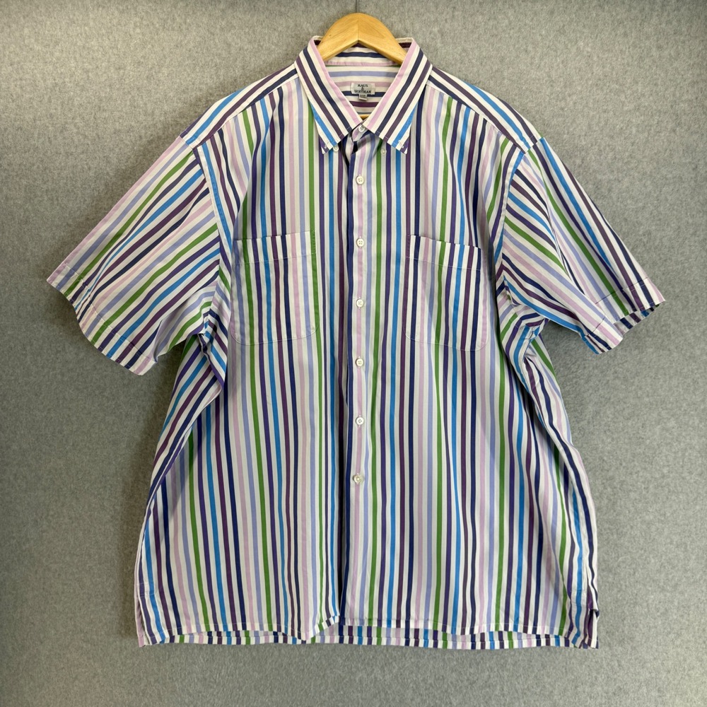 Maus & Hoffman Purple Blue Striped Button Up Short Sleeve Casual Shirt XXL FLAW‎